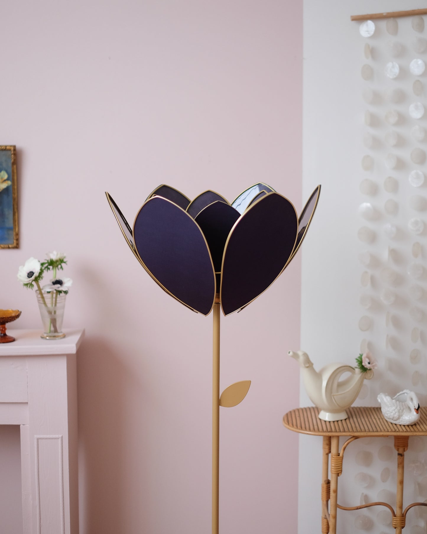 Pied de lampadaire et abat-jour fleur double