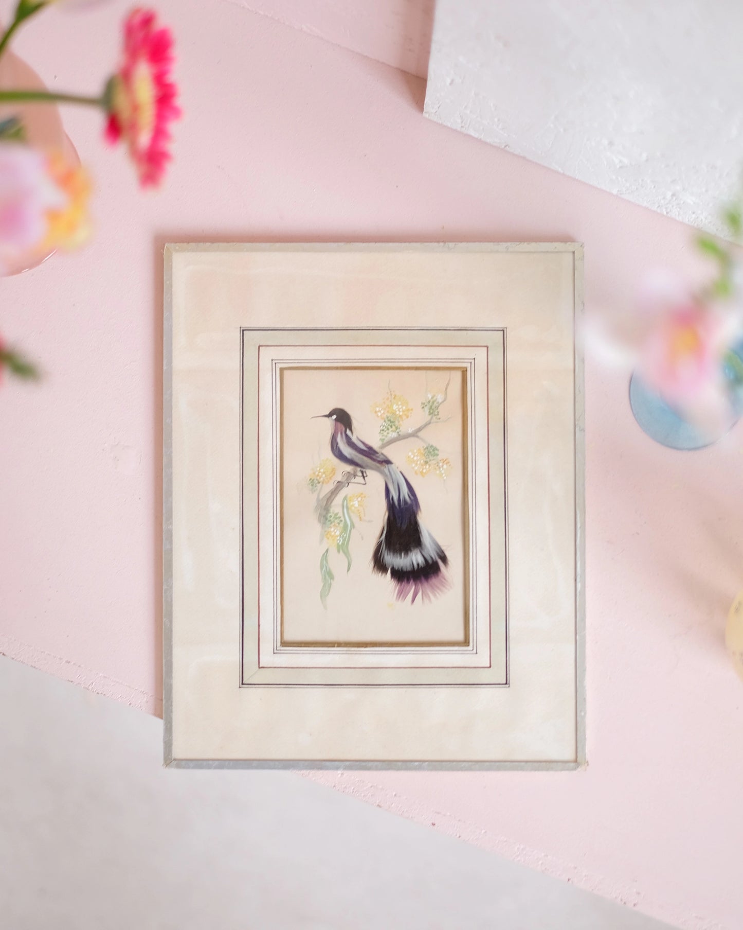 Petite gravure sous verre Oiseau bleu