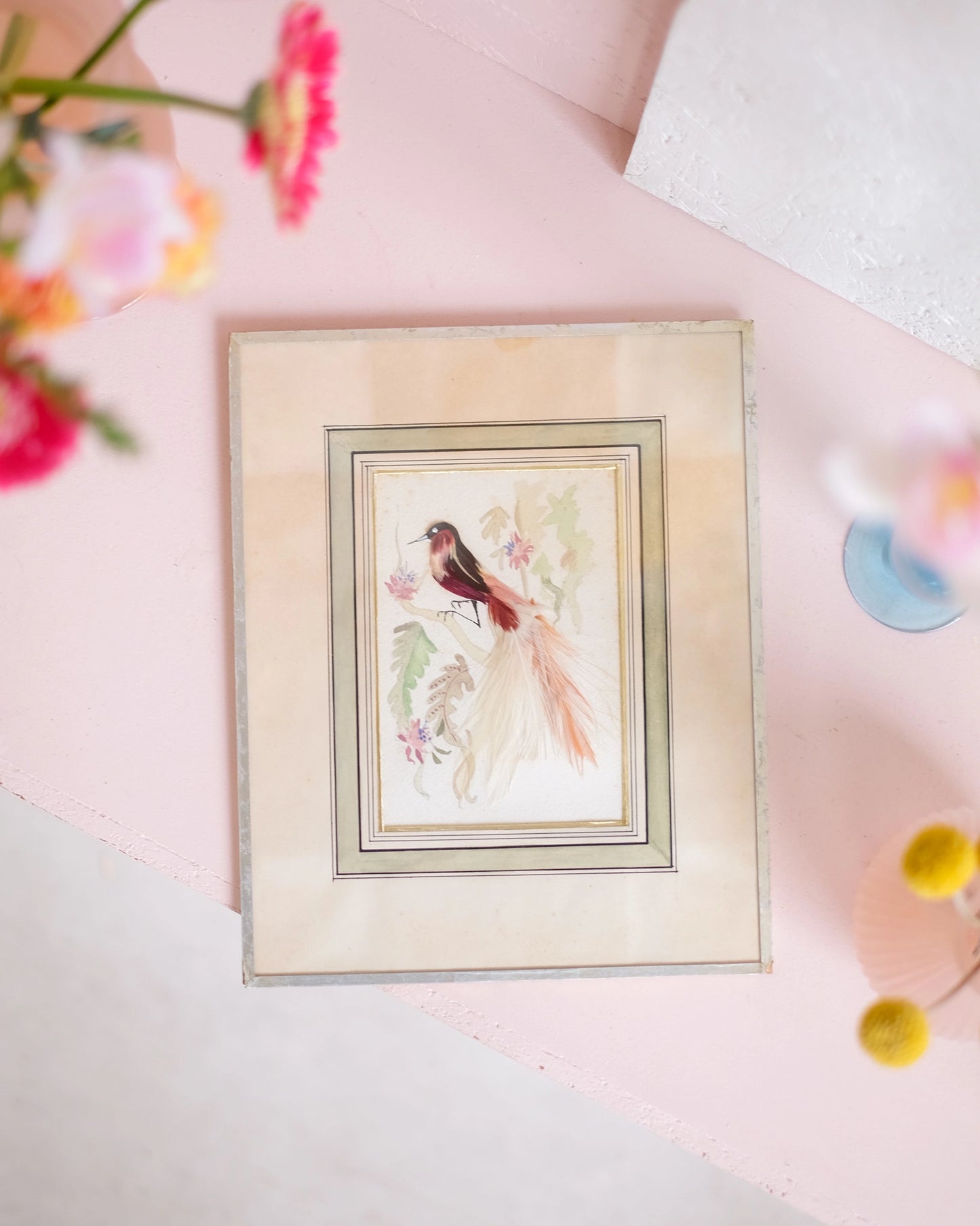 Petite gravure sous verre Oiseau rose