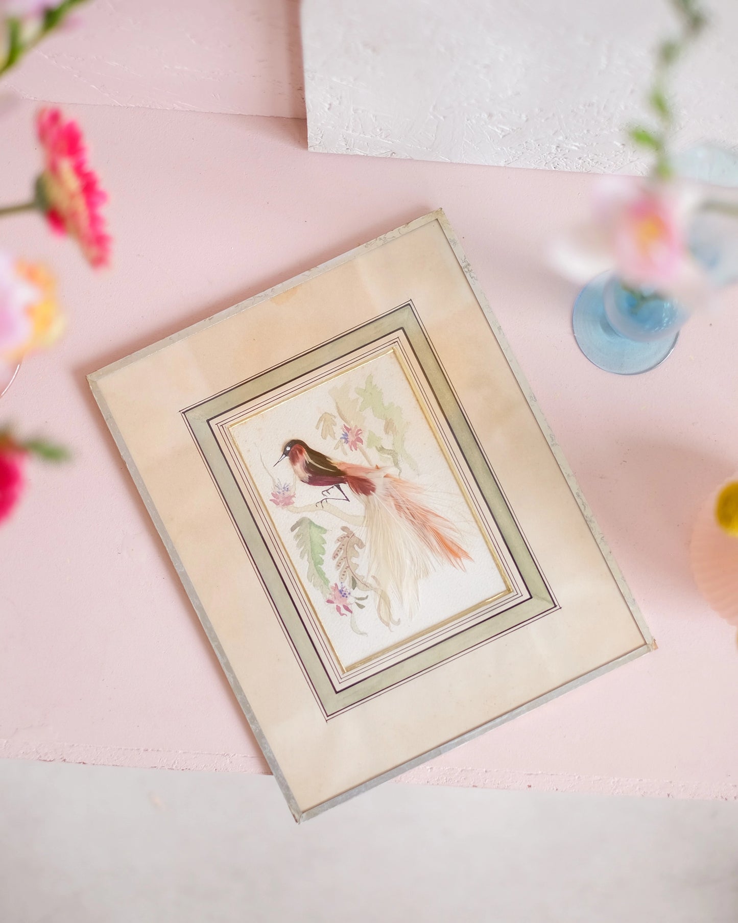 Petite gravure sous verre Oiseau rose