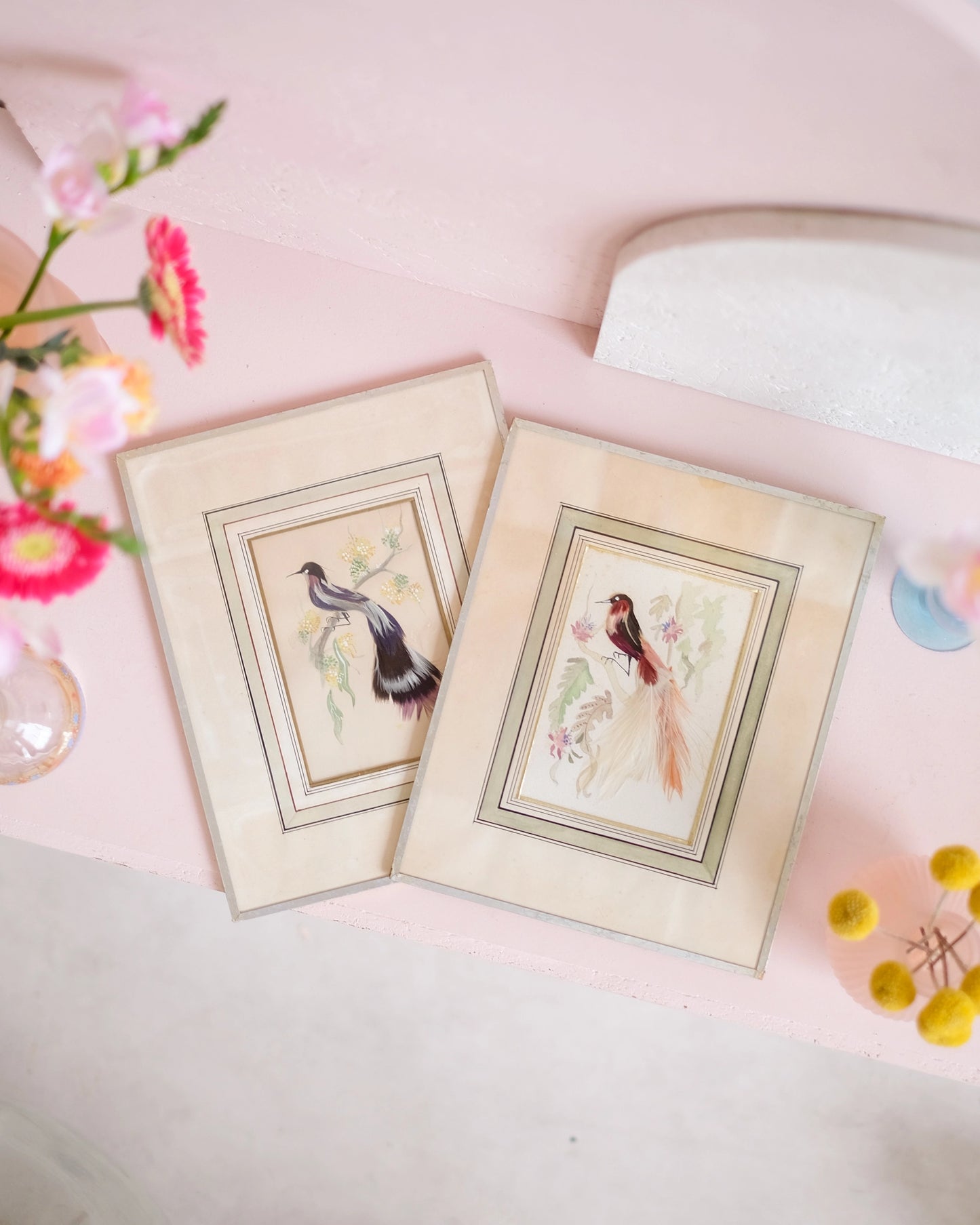 Petite gravure sous verre Oiseau rose