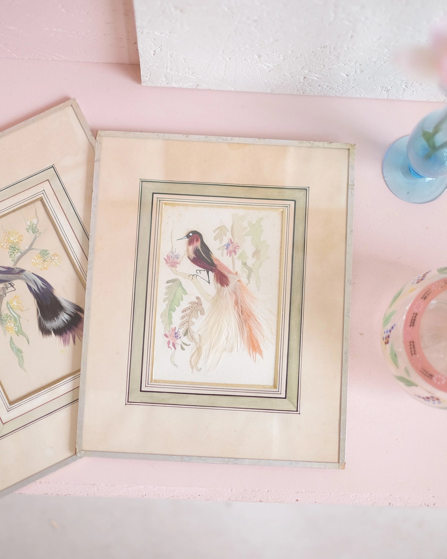 Petite gravure sous verre Oiseau rose