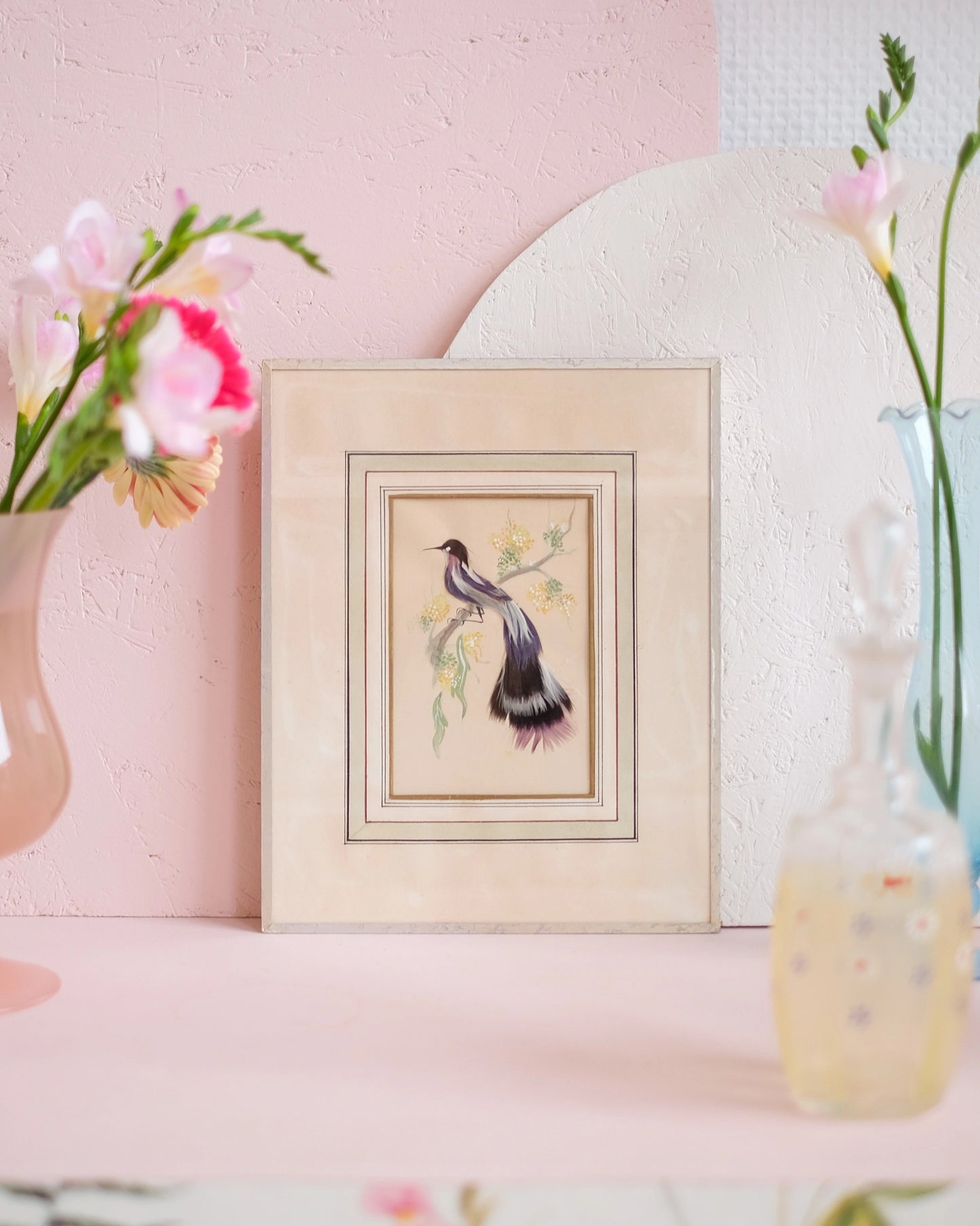 Petite gravure sous verre Oiseau bleu