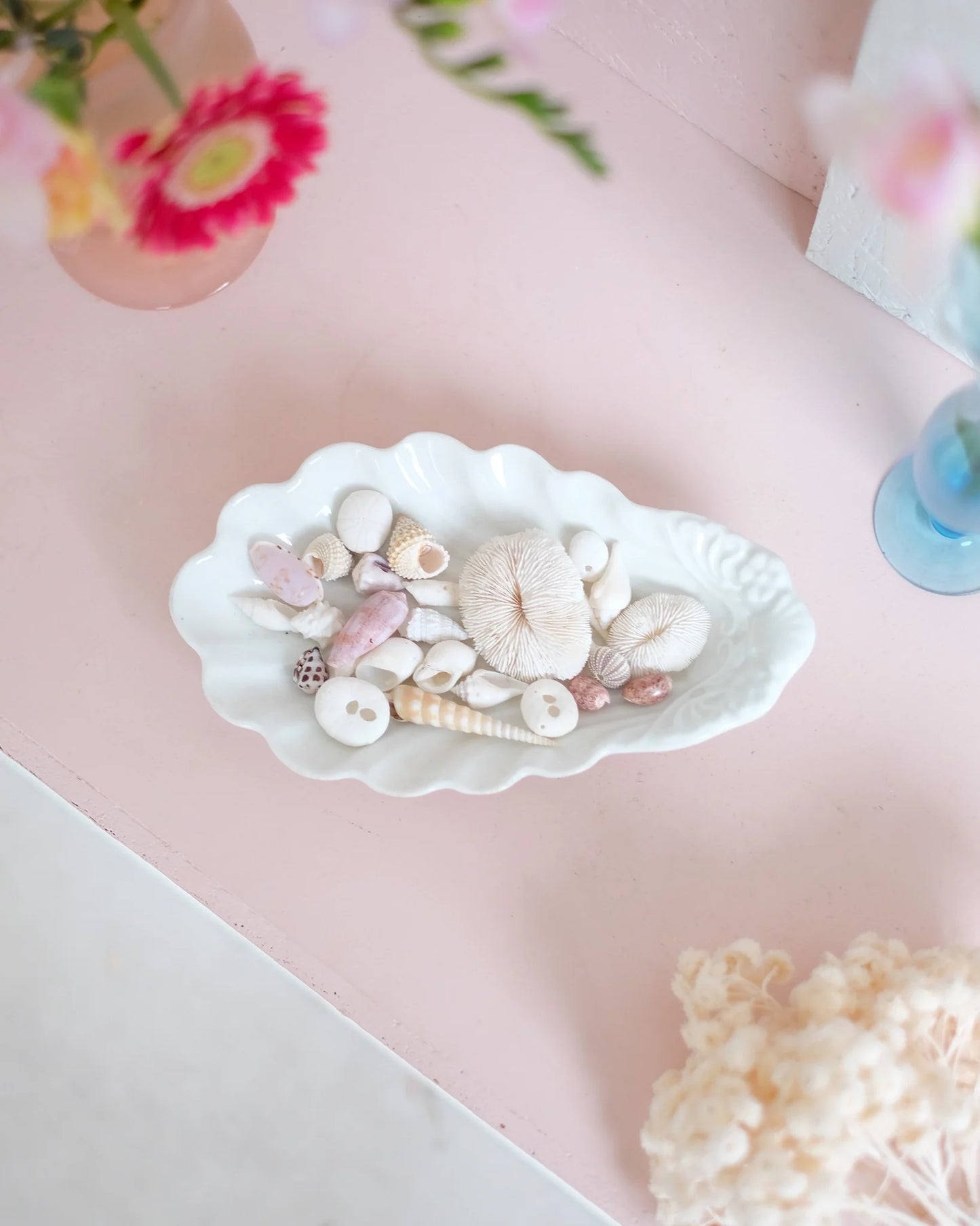 Coupelle coquille en porcelaine garnie de coquillages