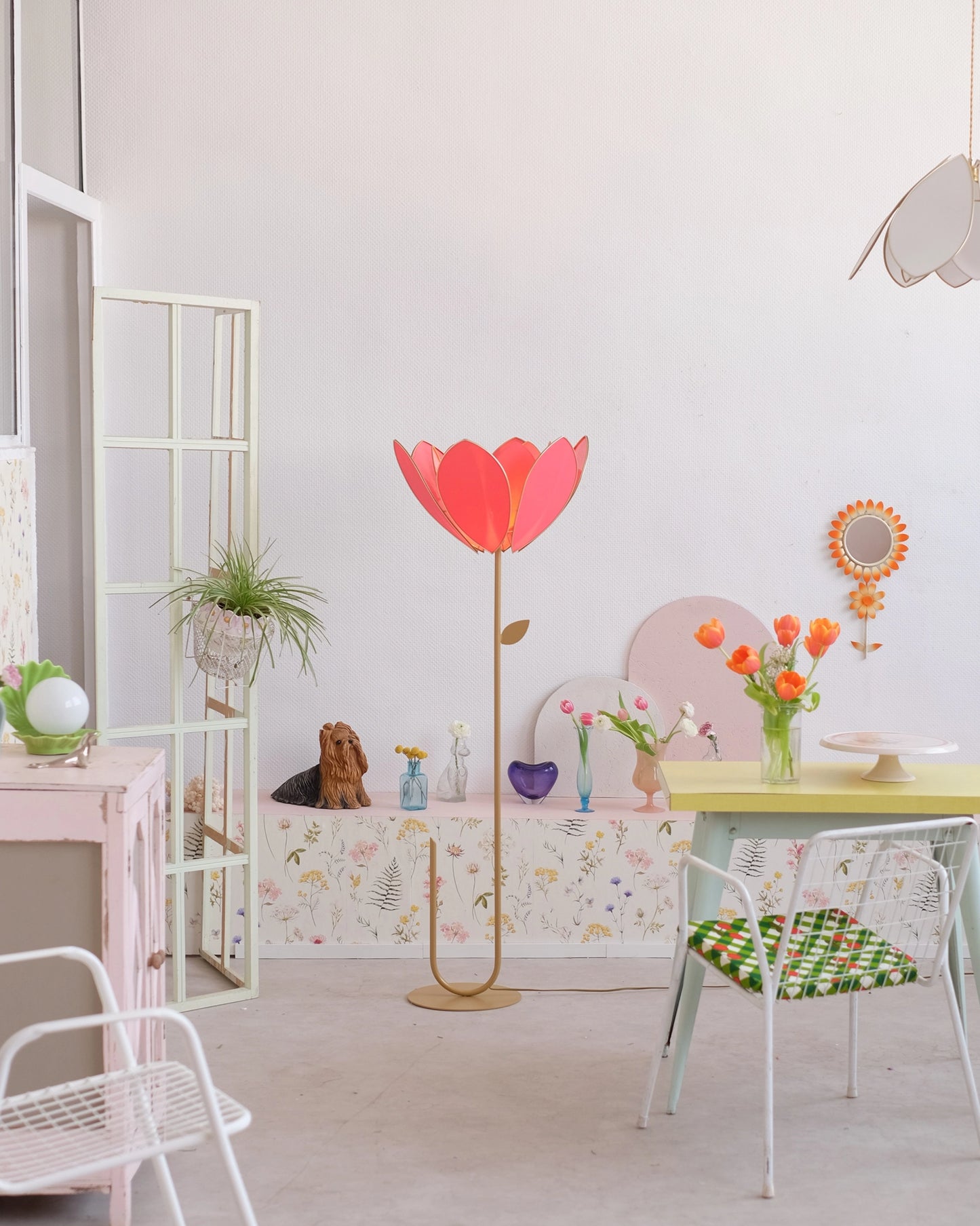 Pied de lampadaire et abat-jour fleur double