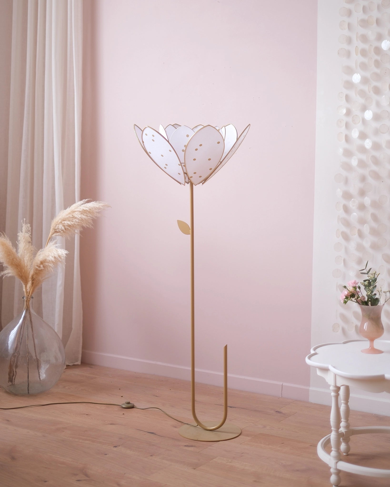 Pied de lampadaire et abat-jour fleur double - Pois dorés