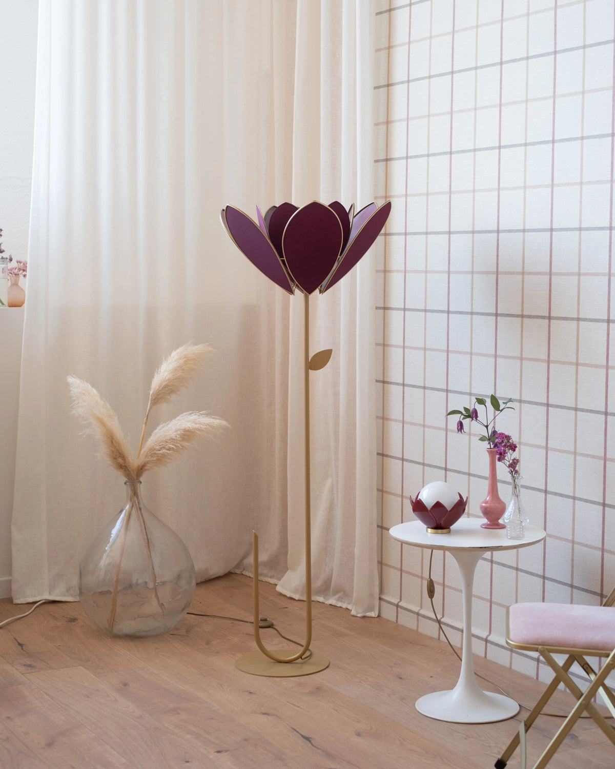 Pied de lampadaire et abat-jour fleur double - Aubergine