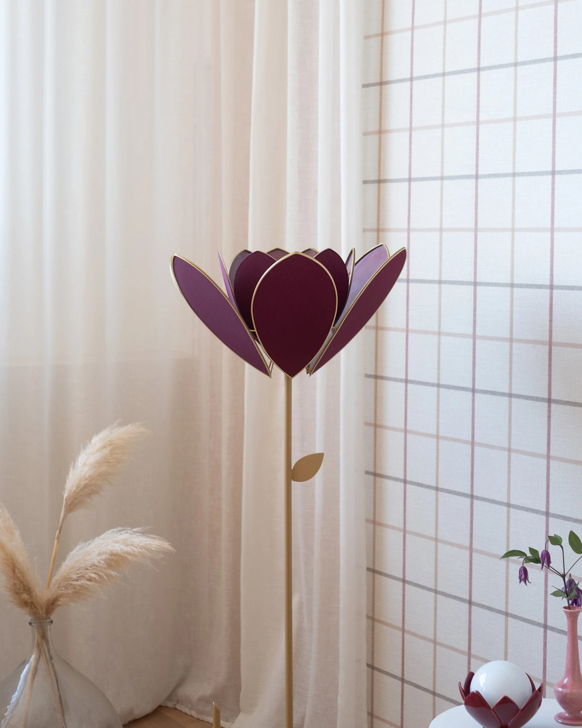 Pied de lampadaire et abat-jour fleur double - Aubergine