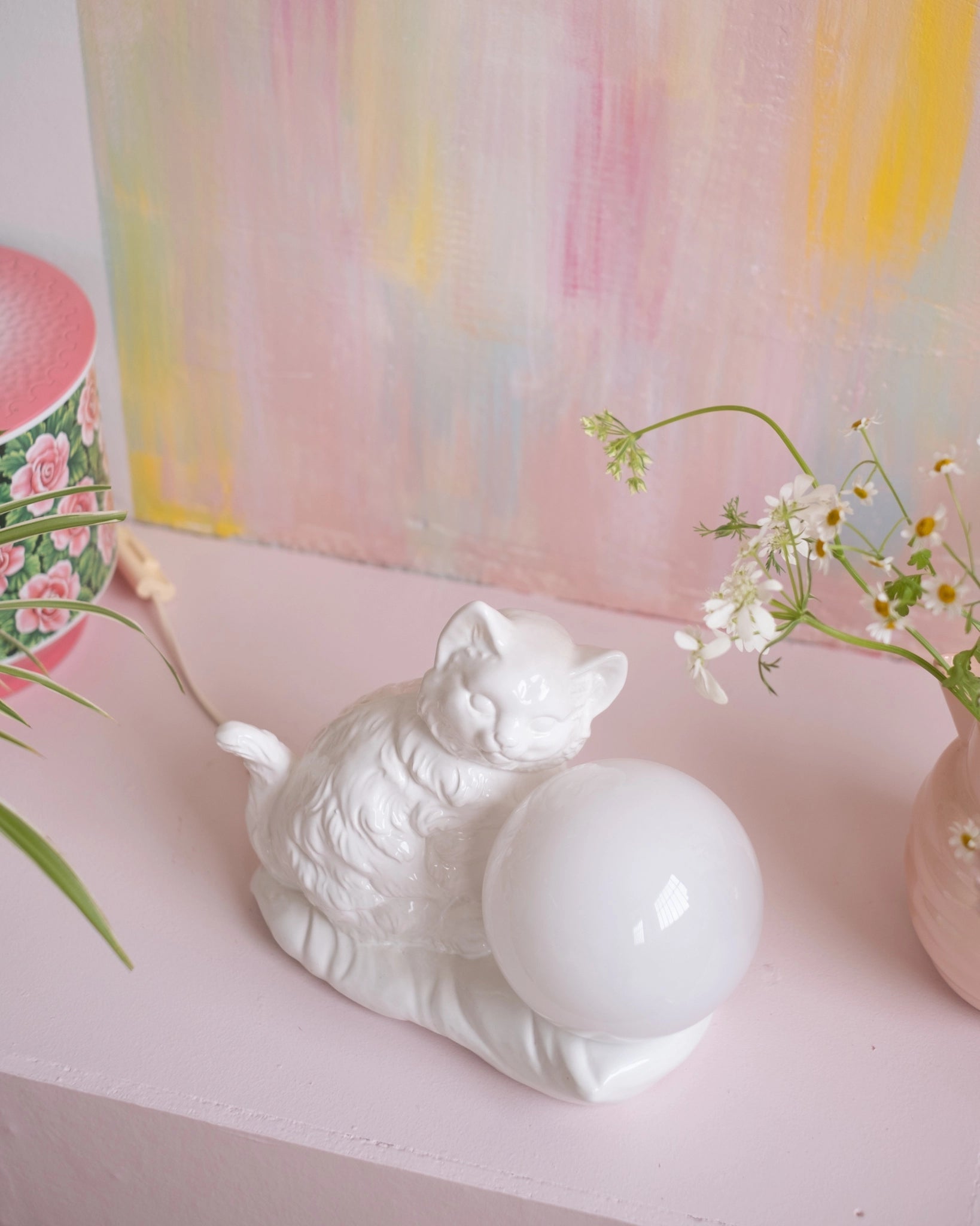 Ancienne lampe Chat en céramique et opaline - Silly & Billy