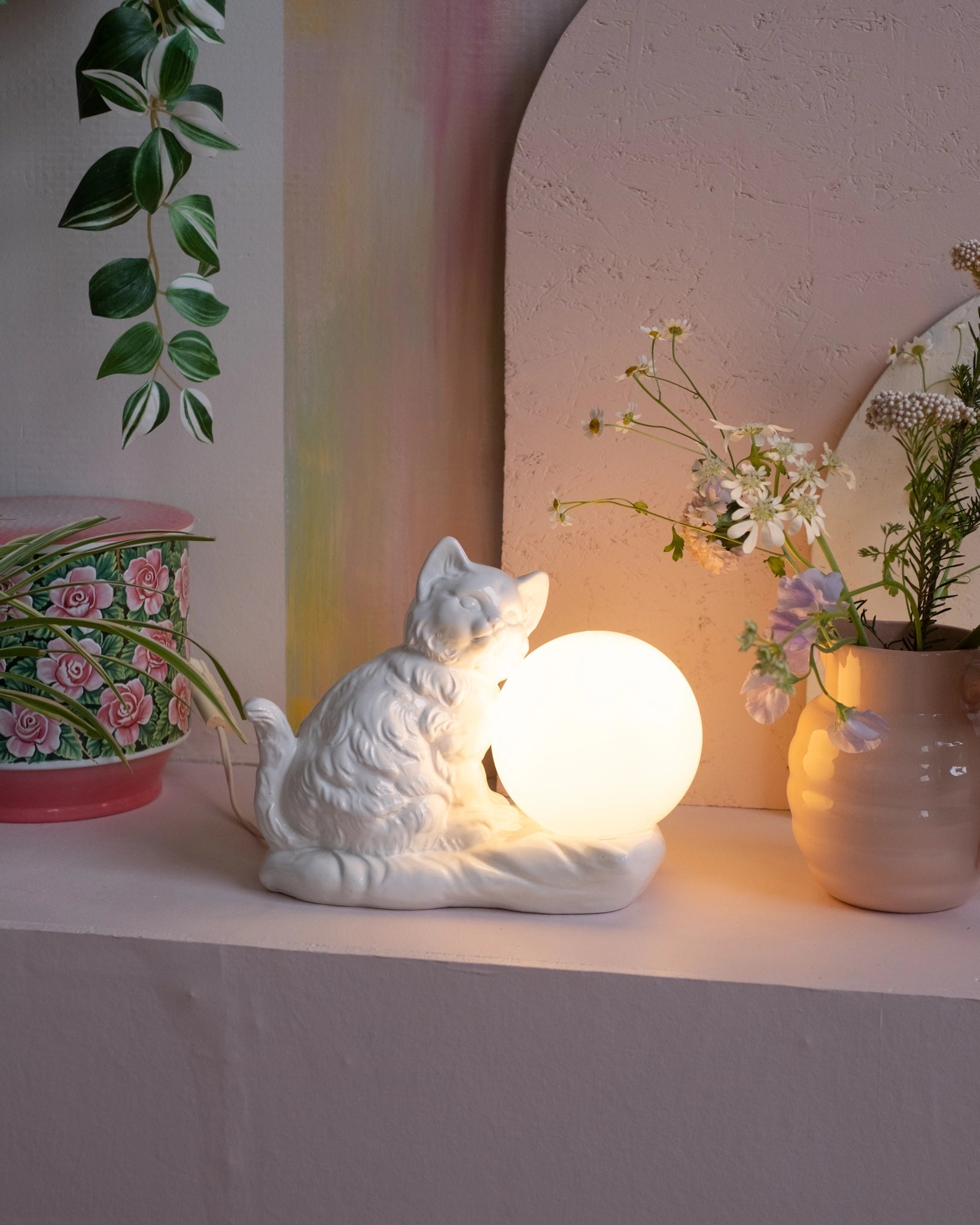 Ancienne lampe Chat en céramique et opaline - Silly & Billy