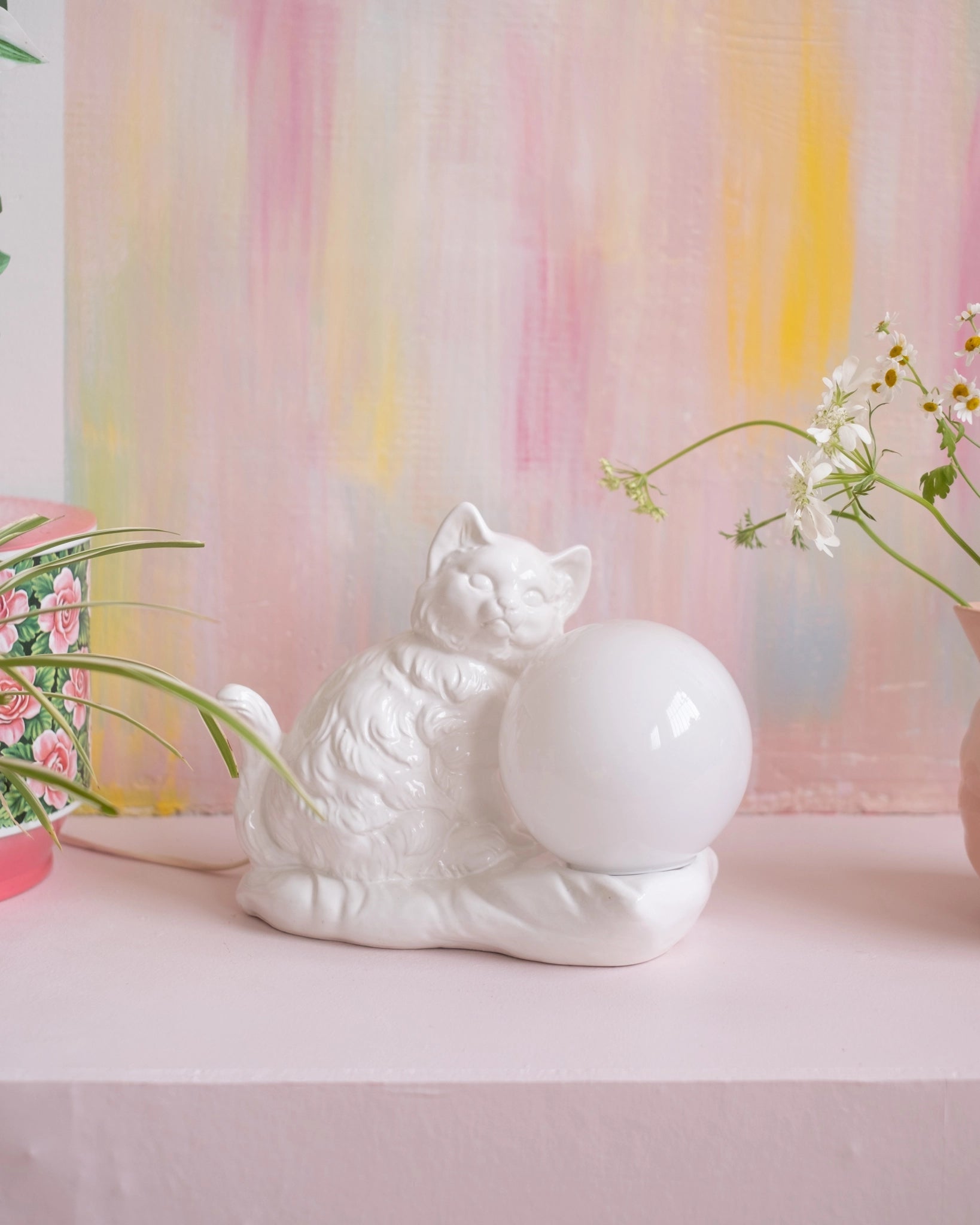 Ancienne lampe Chat en céramique et opaline - Silly & Billy
