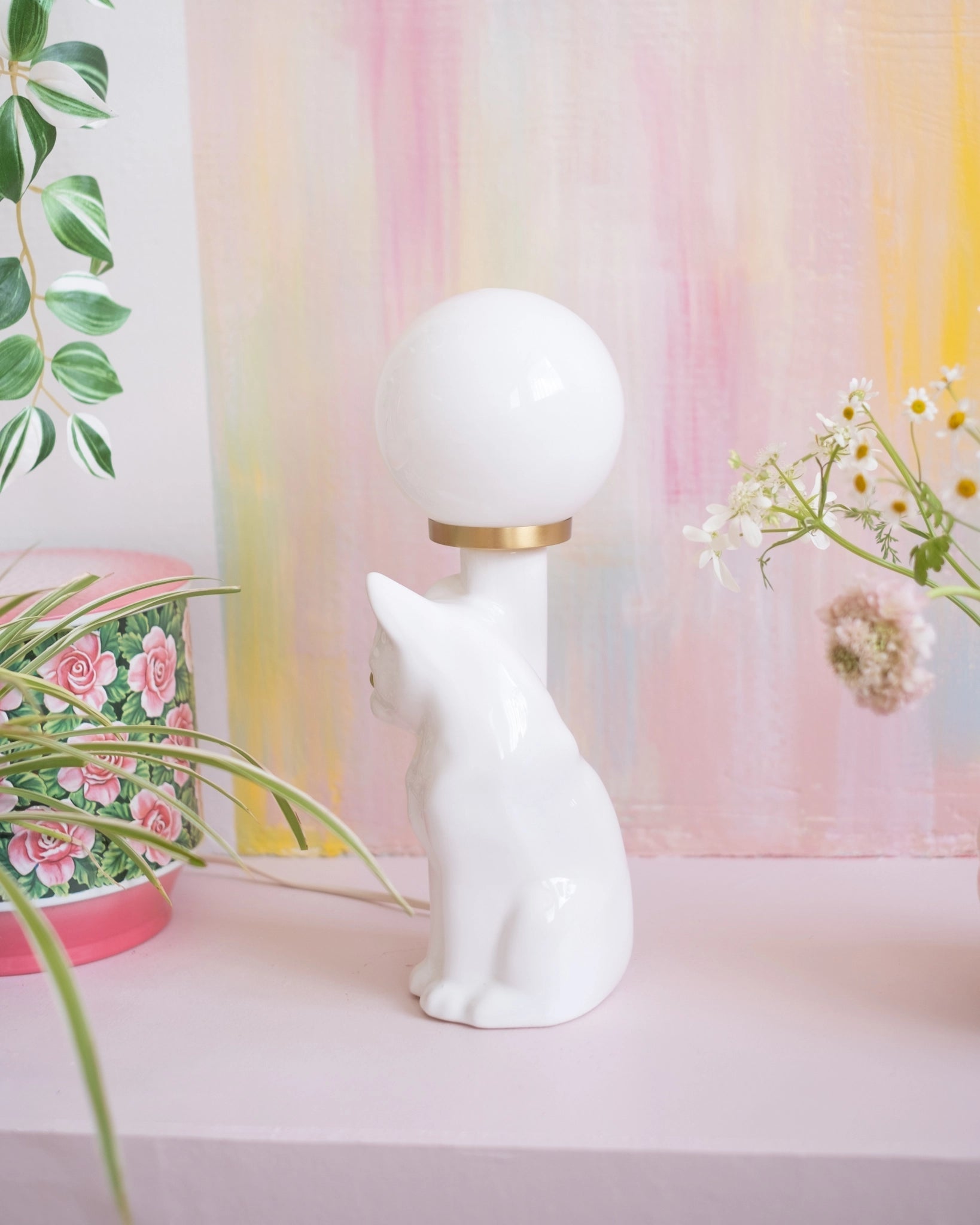 Ancienne lampe Chaton en céramique et opaline - Silly & Billy