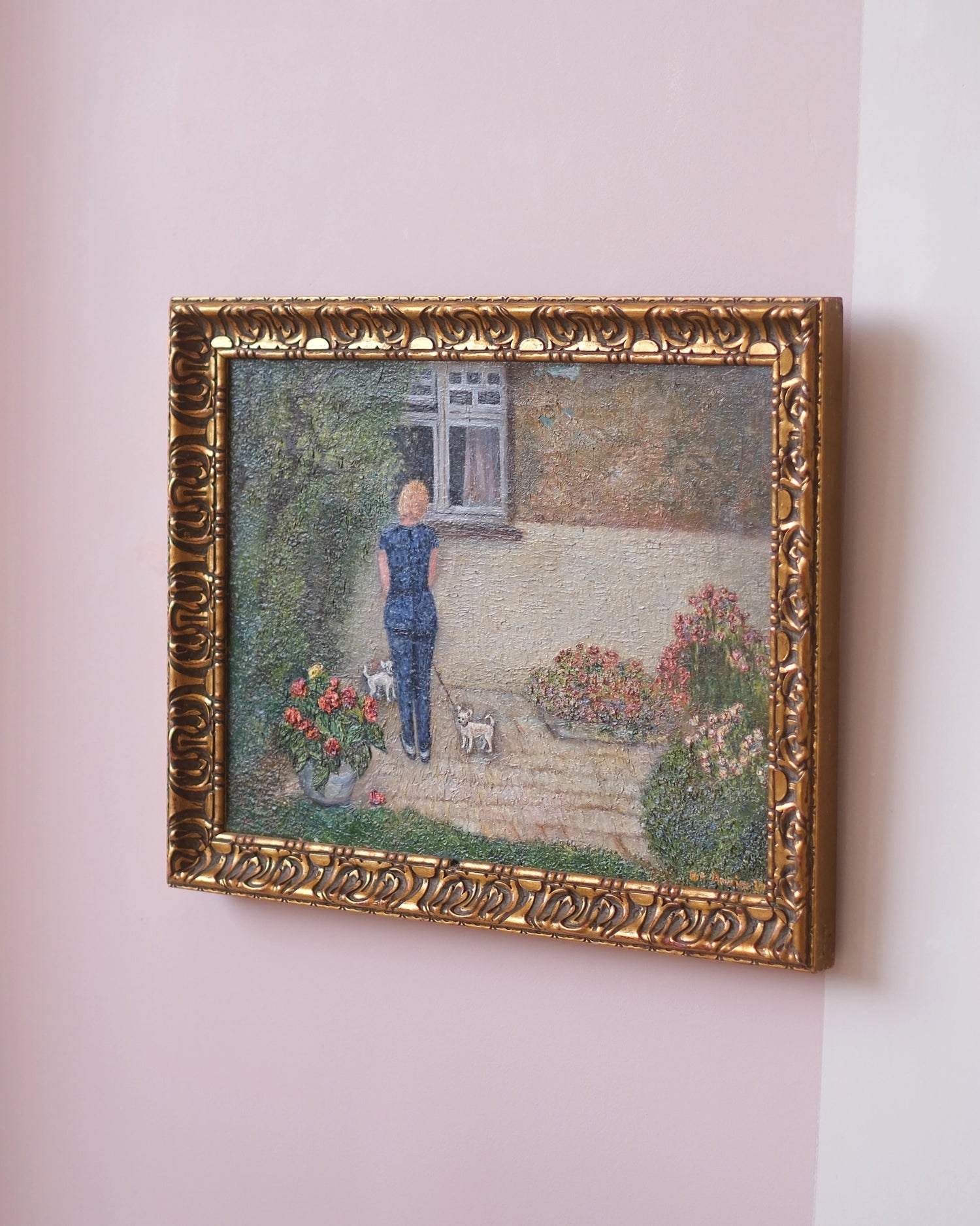 Ancienne huile sur toile - Pauline et les chihuahuas