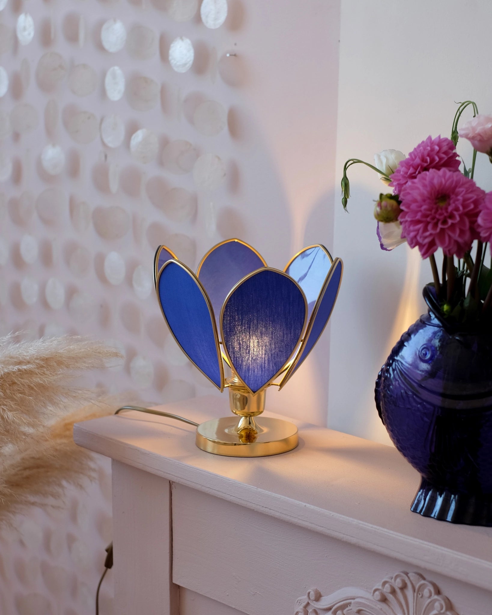 Lampe Fleur à poser - Bleu Royal et doré