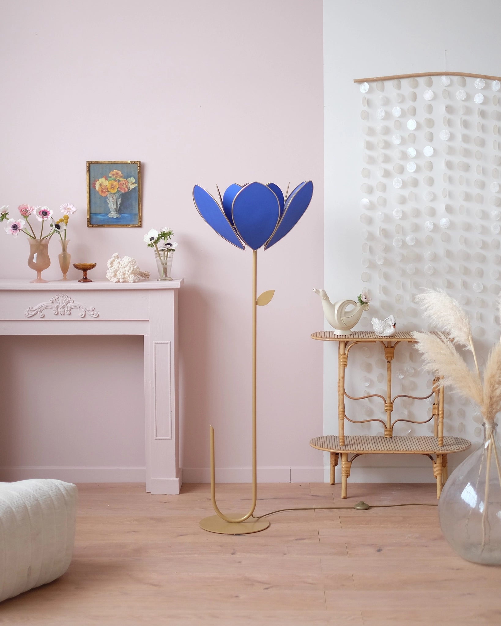 Pied de lampadaire et abat-jour fleur double - Bleu royal