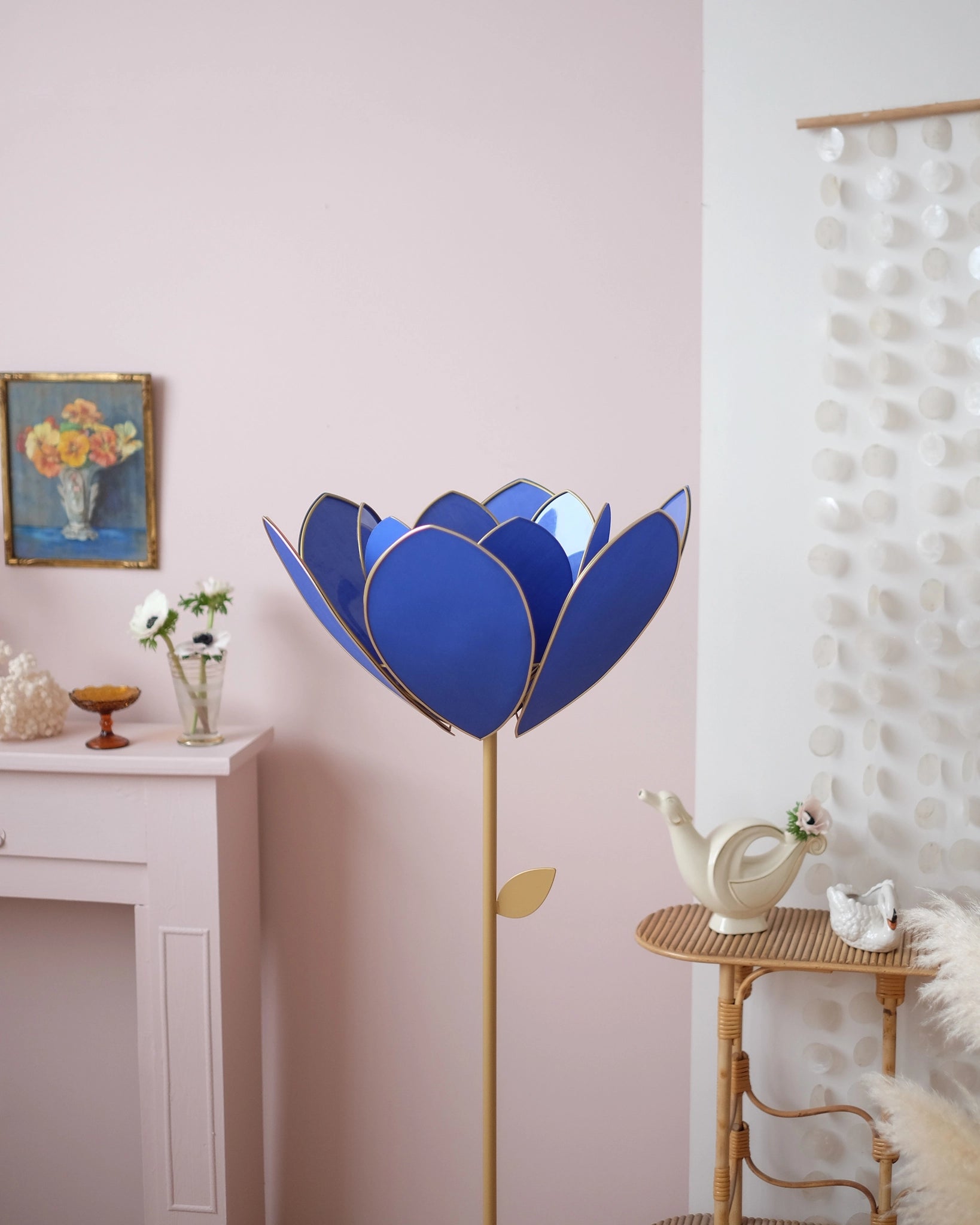Pied de lampadaire et abat-jour fleur double - Bleu royal