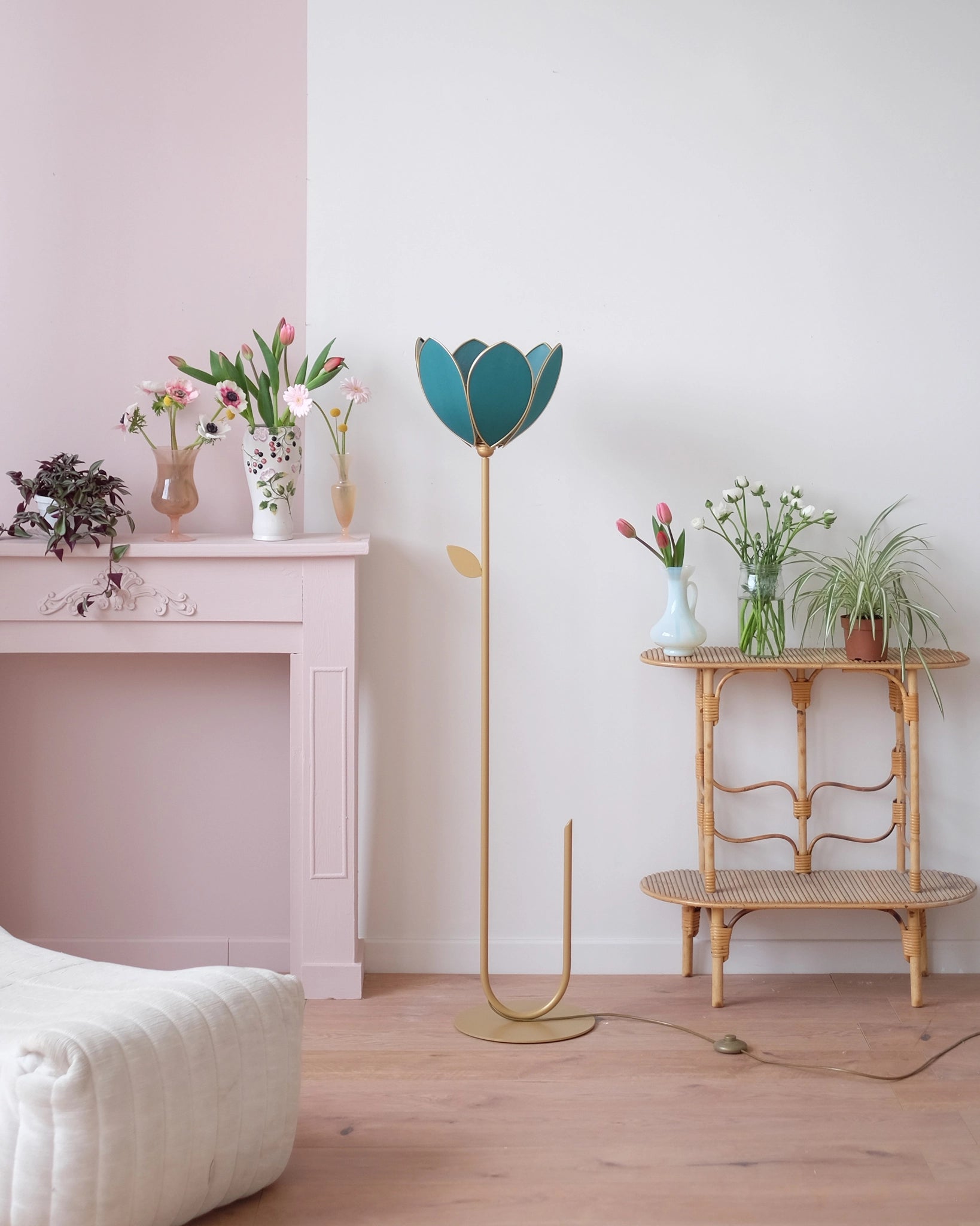 Pied de lampadaire et abat-jour fleur simple - Vert jungle