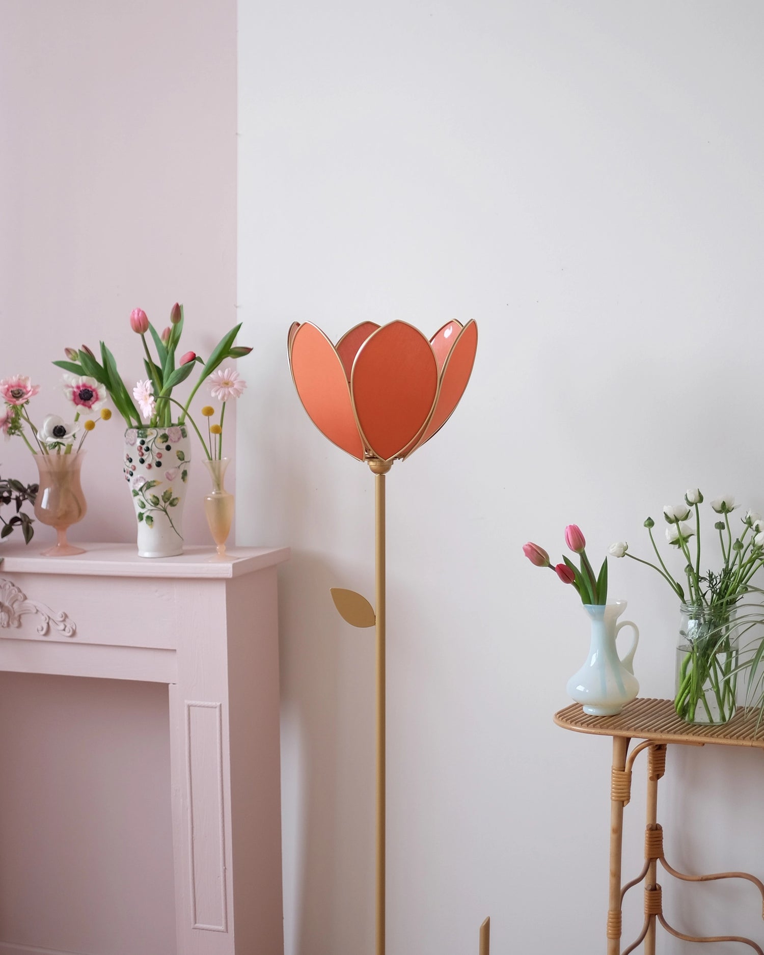 Pied de lampadaire et abat-jour fleur simple - Ocre