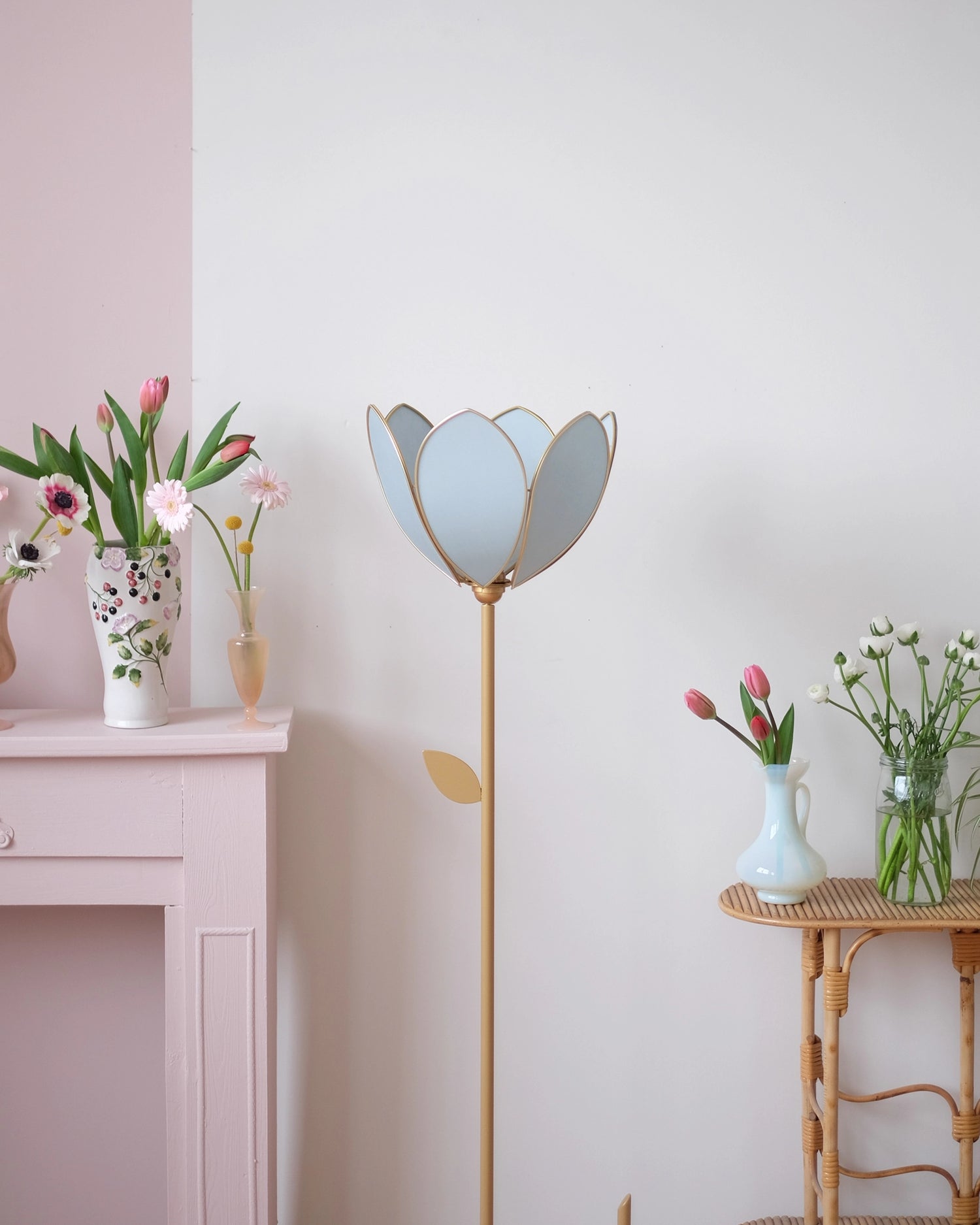 Pied de lampadaire et abat-jour fleur simple - Sauge