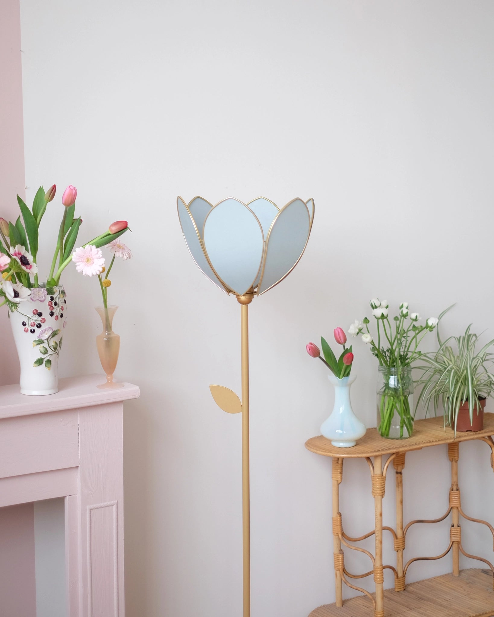 Pied de lampadaire et abat-jour fleur simple - Sauge