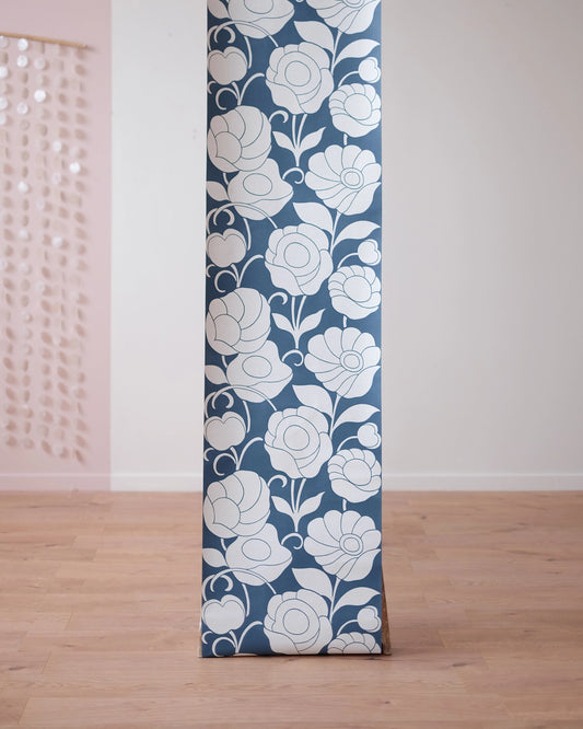 Authentique rouleau de papier peint vintage à fleurs bleues