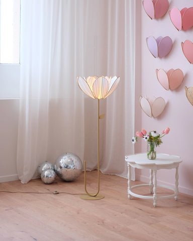 Pied de lampadaire et abat-jour fleur double - Rayures multicolores