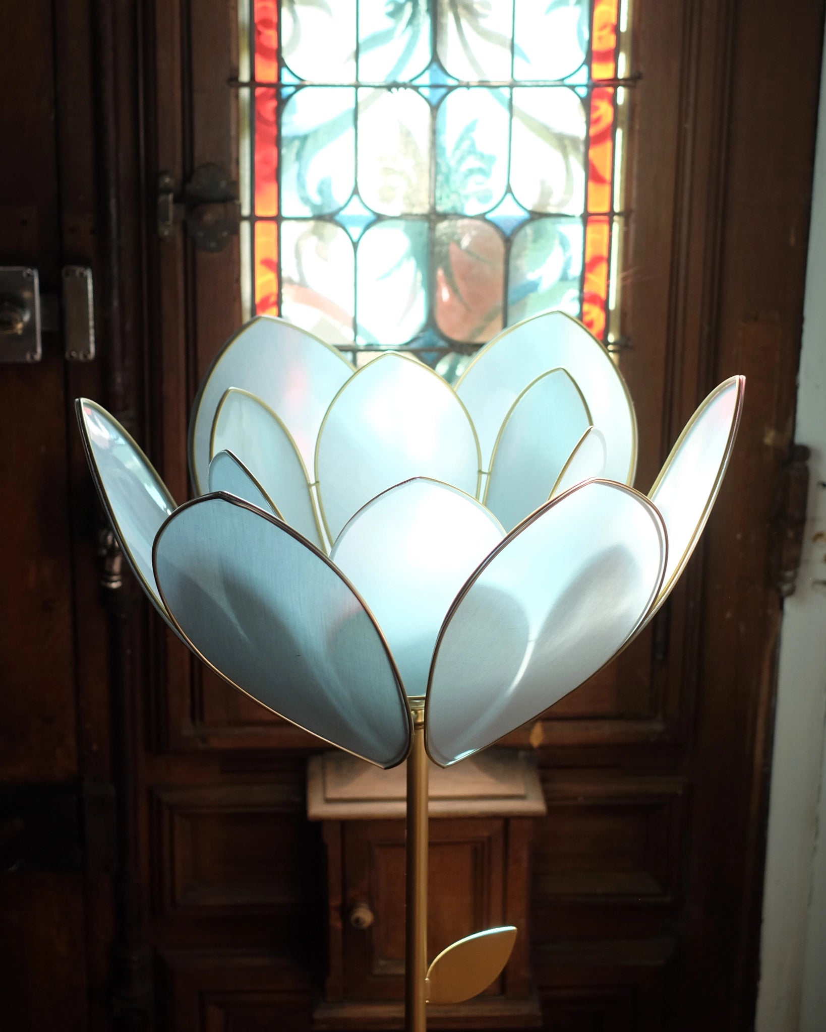 Pied de lampadaire et abat-jour fleur double - Sauge