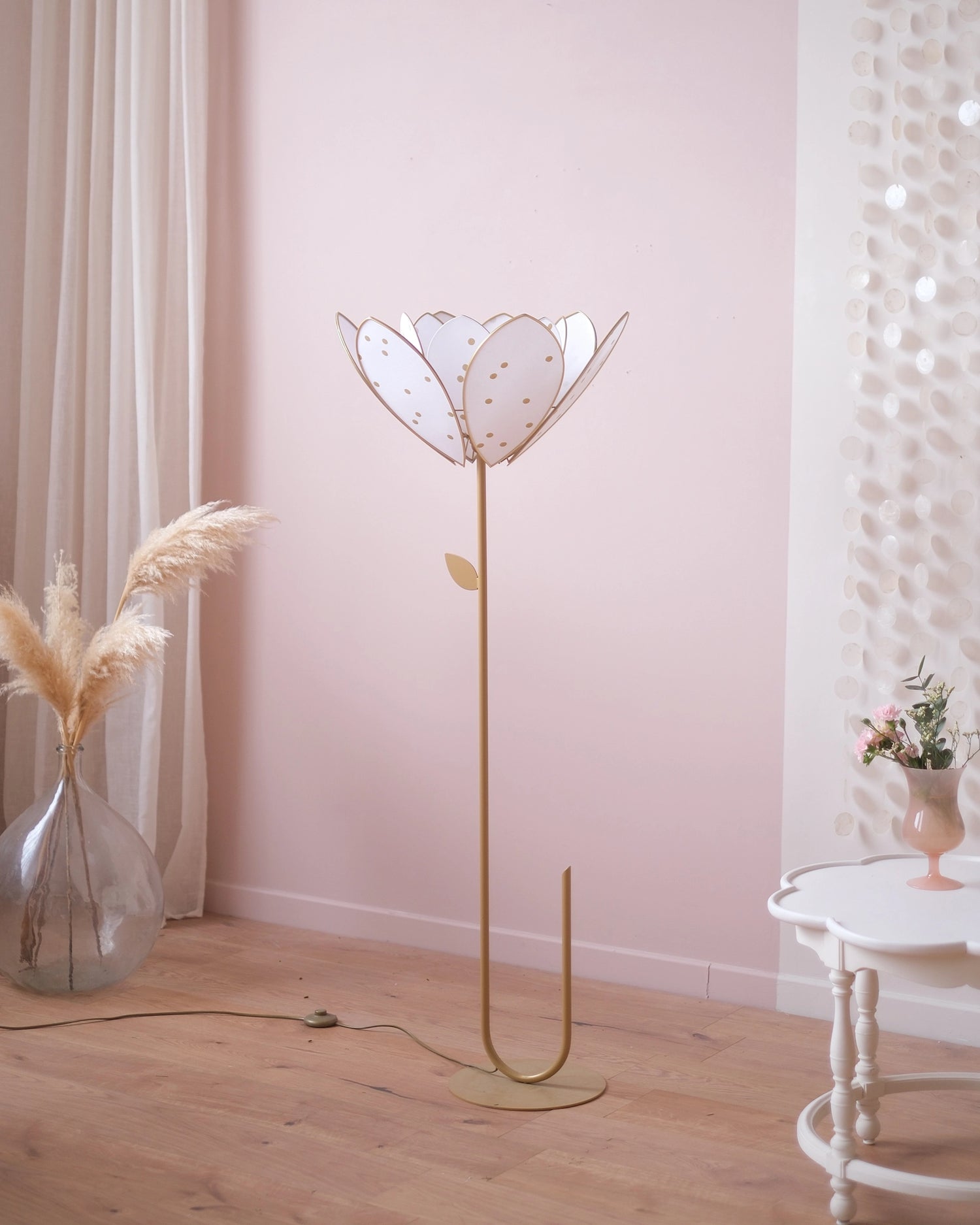 Pied de lampadaire et abat-jour fleur double - Pois dorés