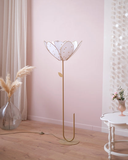 Pied de lampadaire et abat-jour fleur double - Pois dorés
