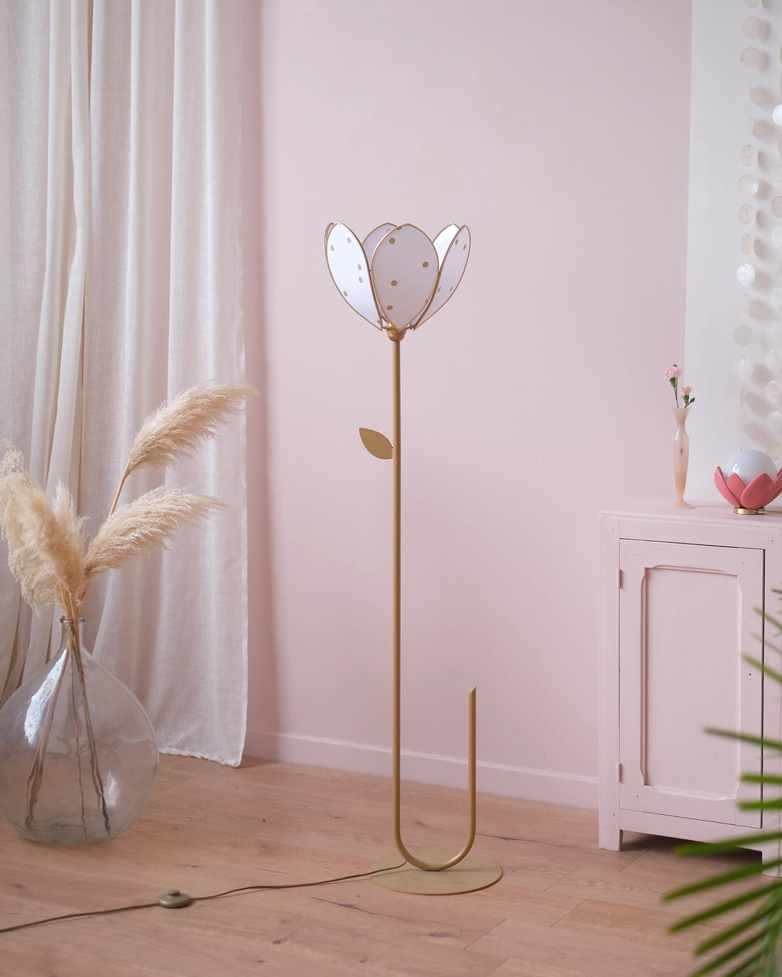 Pied de lampadaire et abat-jour fleur simple - Pois dorés