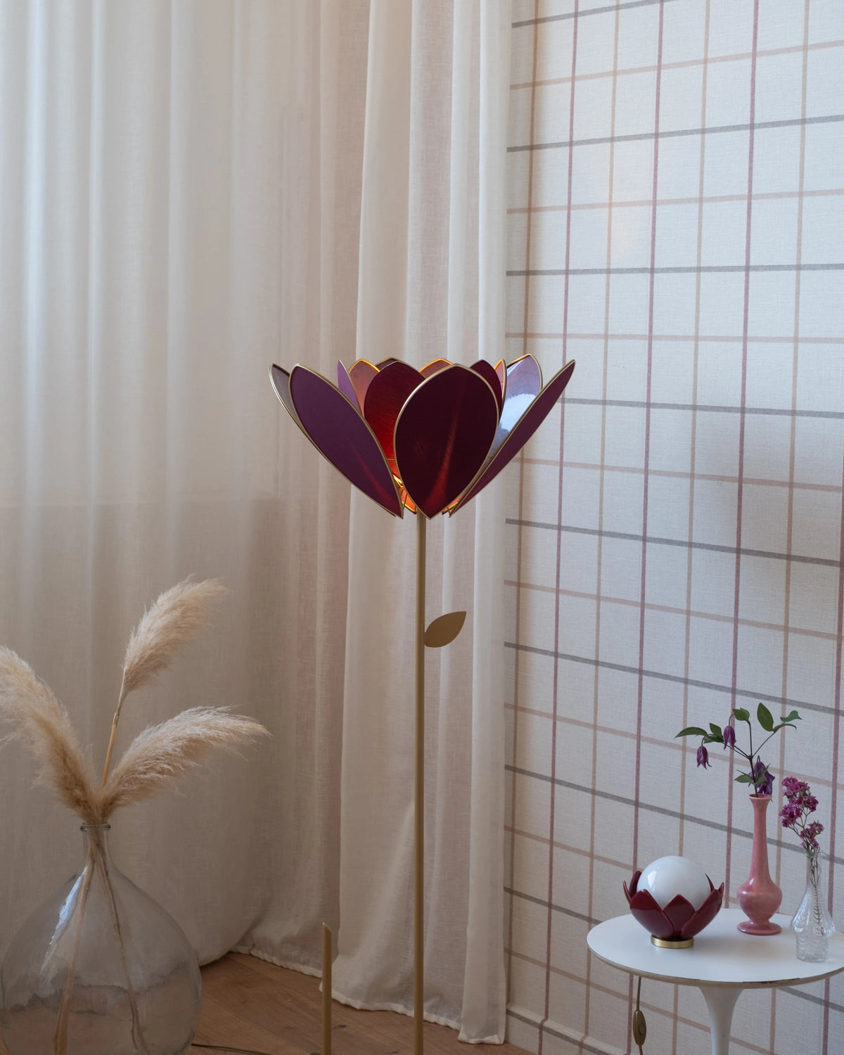 Pied de lampadaire et abat-jour fleur double - Aubergine