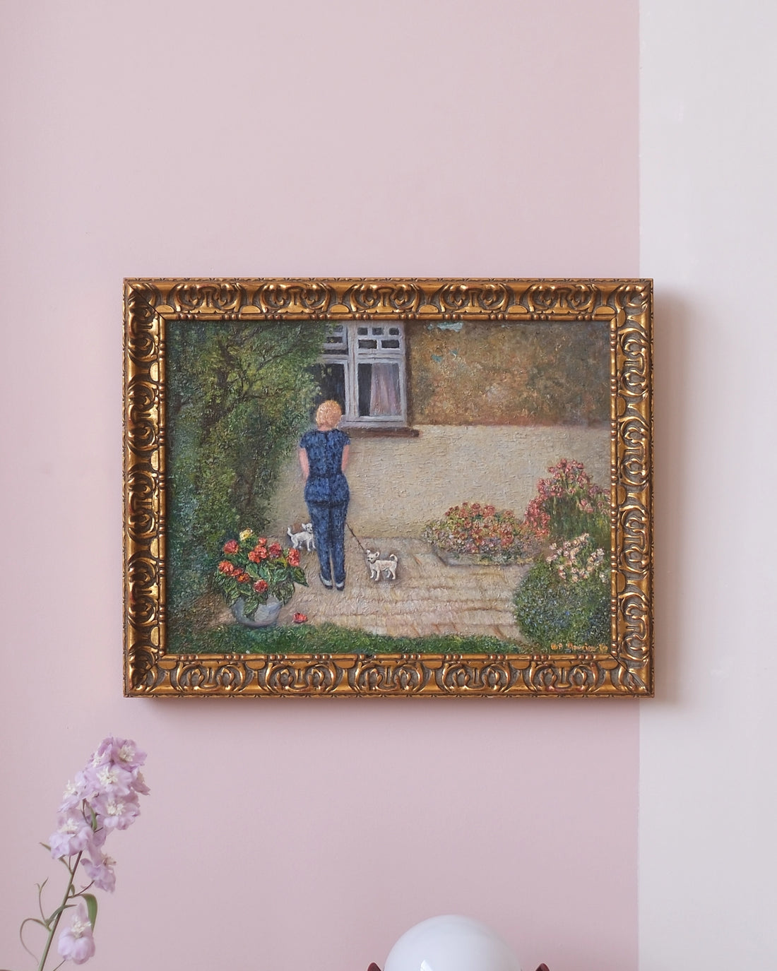 Ancienne huile sur toile - Pauline et les chihuahuas