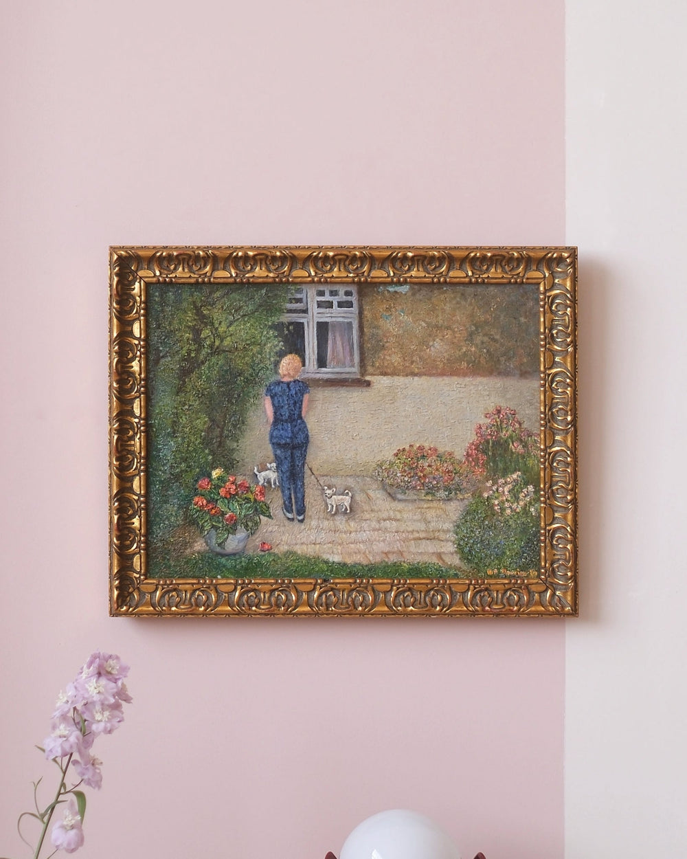 Ancienne huile sur toile - Pauline et les chihuahuas