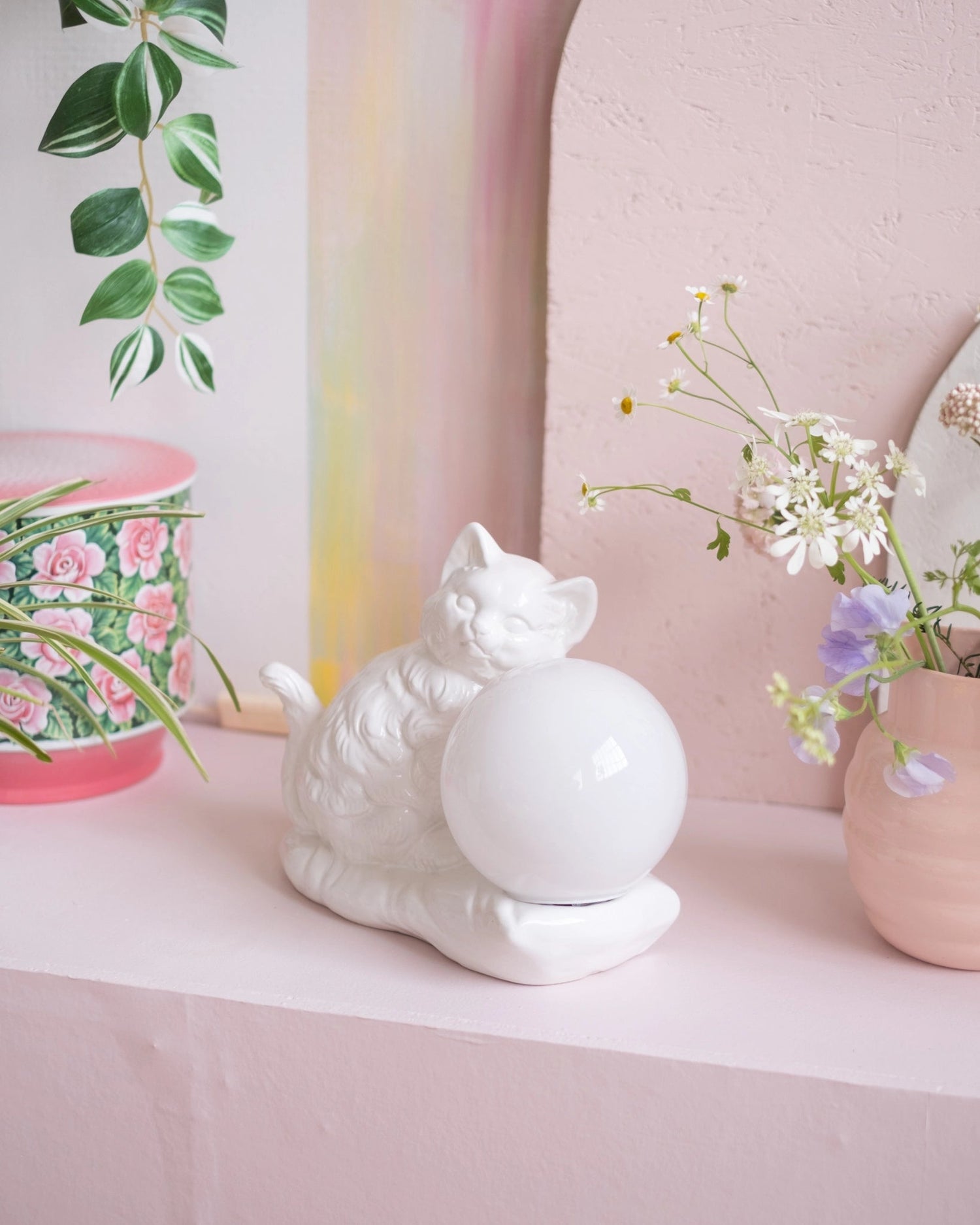 Ancienne lampe Chat en céramique et opaline - Silly &amp; Billy
