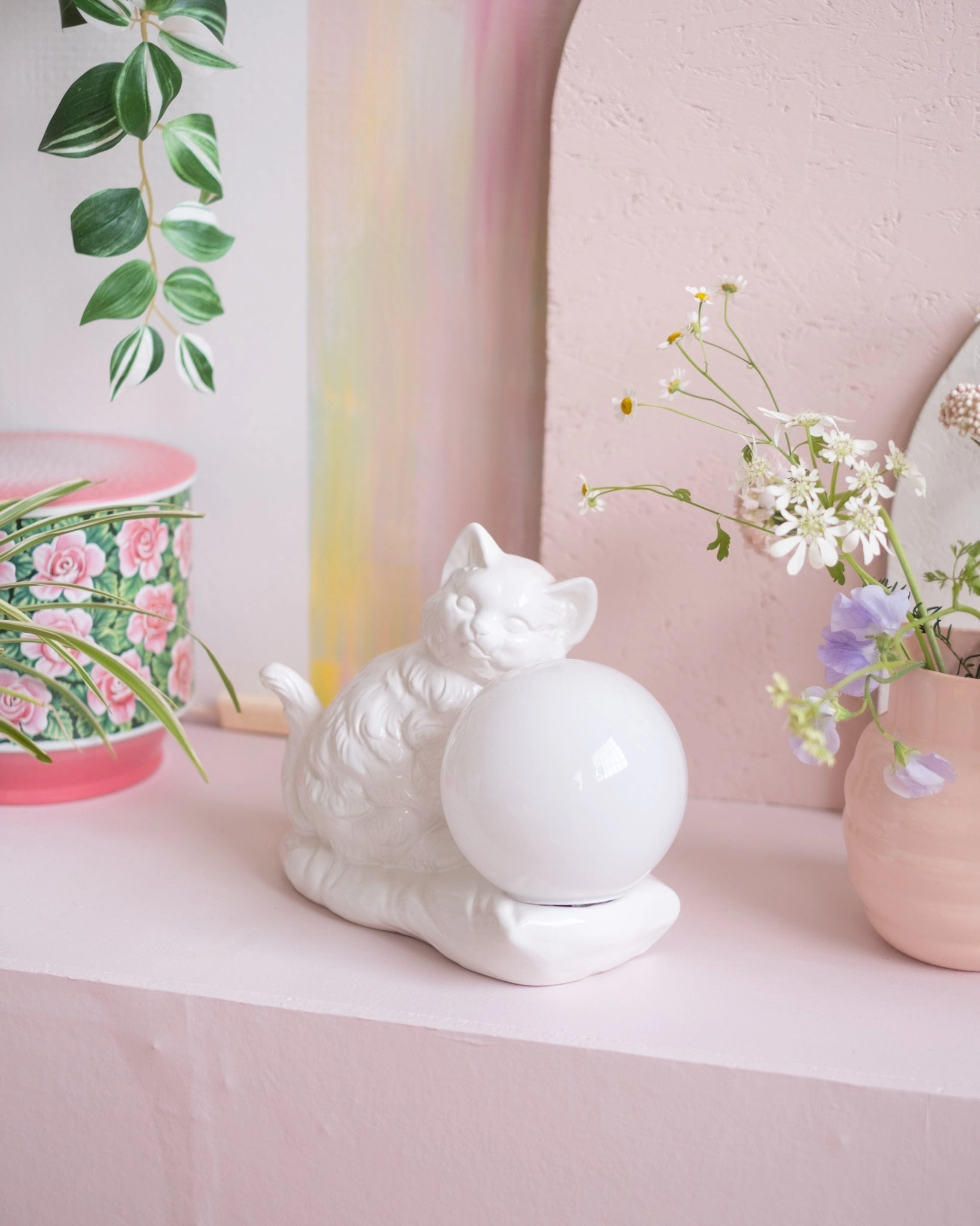 Ancienne lampe Chat en céramique et opaline - Silly &amp; Billy