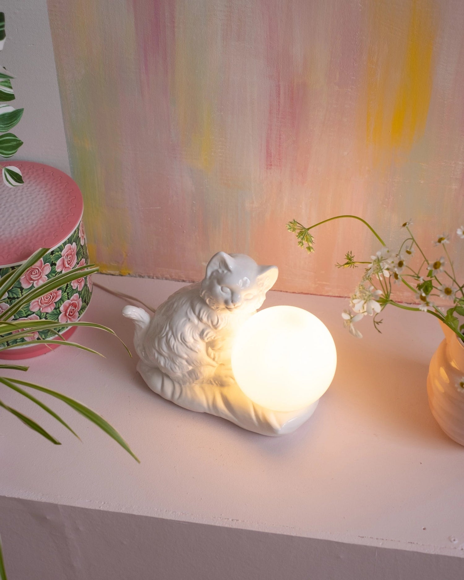 Ancienne lampe Chat en céramique et opaline - Silly &amp; Billy