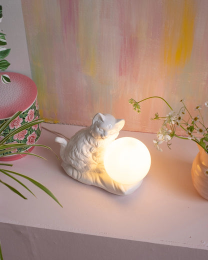 Ancienne lampe Chat en céramique et opaline - Silly &amp; Billy