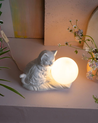 Ancienne lampe Chat en céramique et opaline - Silly &amp; Billy