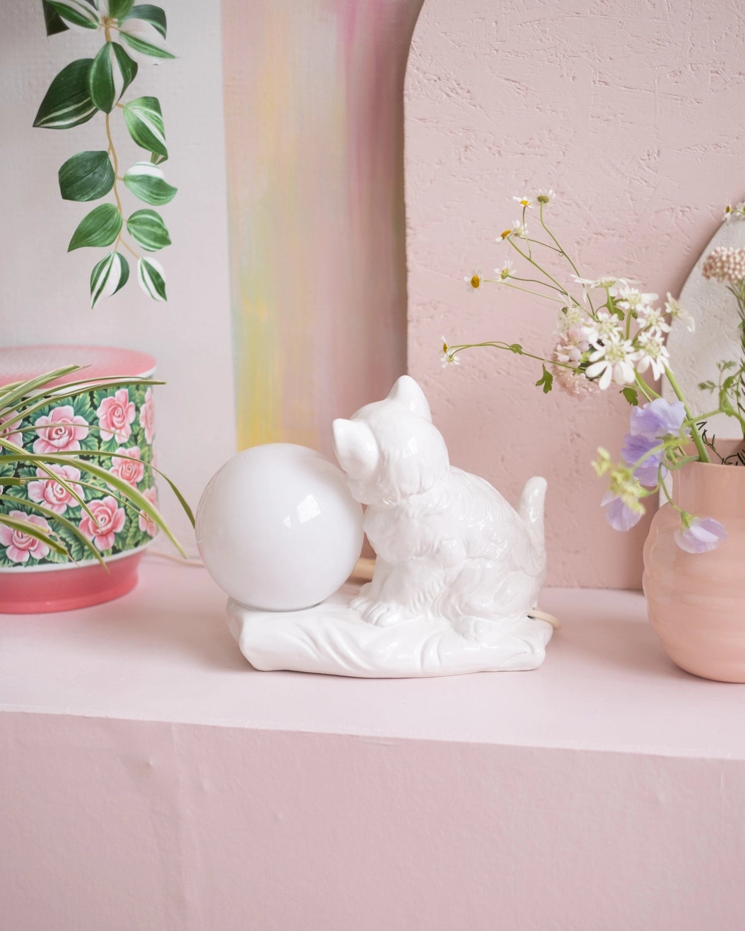 Ancienne lampe Chat en céramique et opaline - Silly &amp; Billy