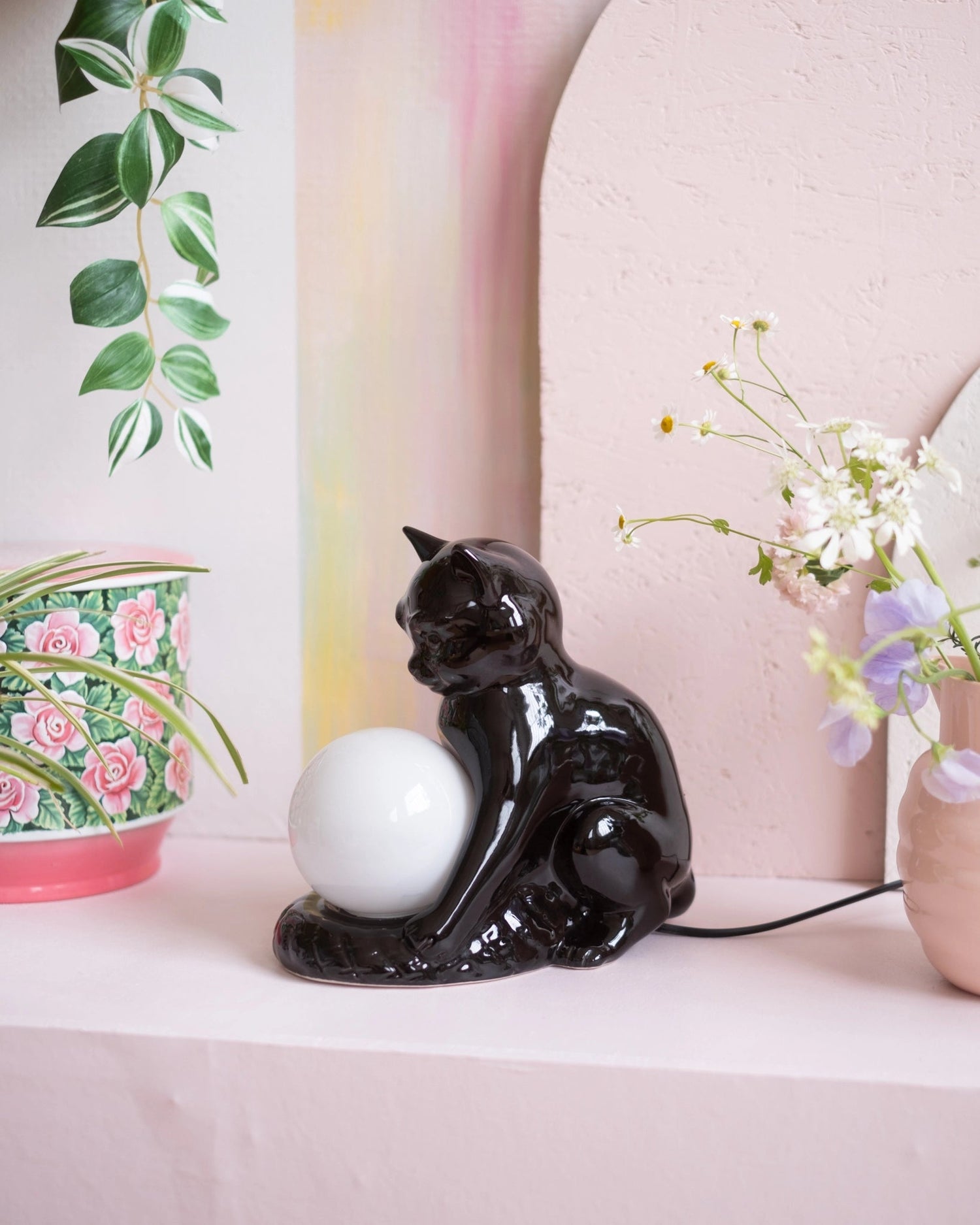 Ancienne lampe Chat en céramique noire et opaline - Silly &amp; Billy