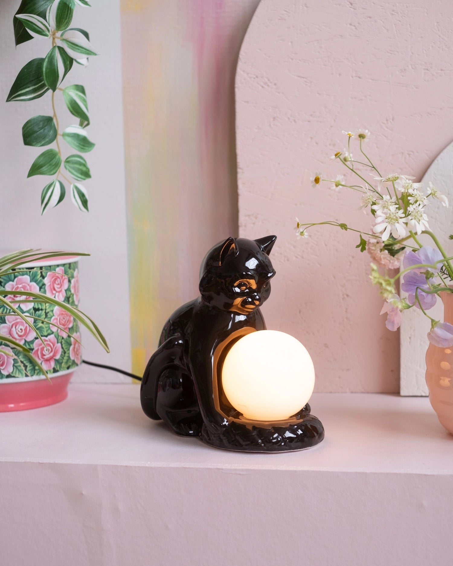 Ancienne lampe Chat en céramique noire et opaline - Silly &amp; Billy