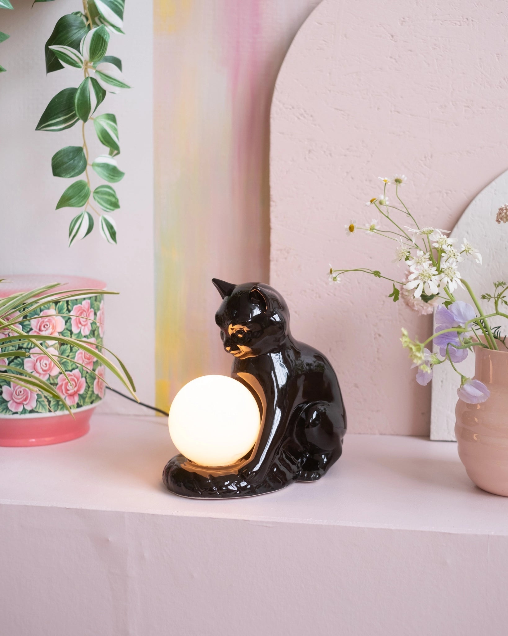 Ancienne lampe Chat en céramique noire et opaline - Silly &amp; Billy