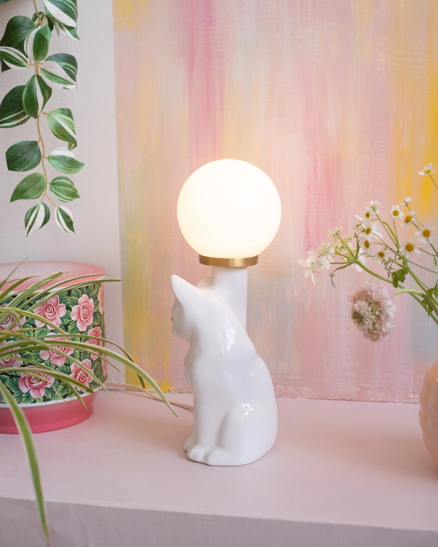 Ancienne lampe Chaton en céramique et opaline - Silly &amp; Billy