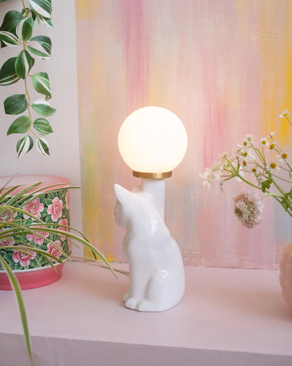 Ancienne lampe Chaton en céramique et opaline - Silly &amp; Billy
