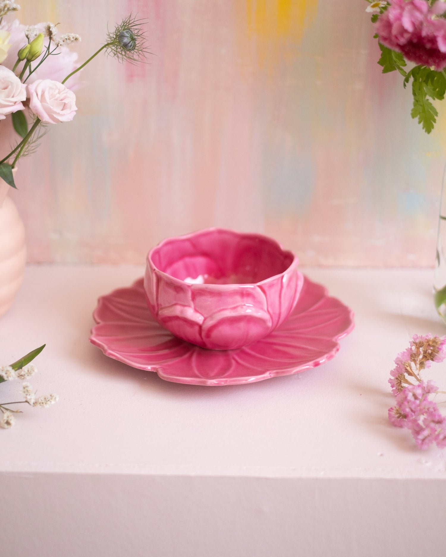 Ensemble coupe et assiette en faïence rose de Vallauris - Silly &amp; Billy