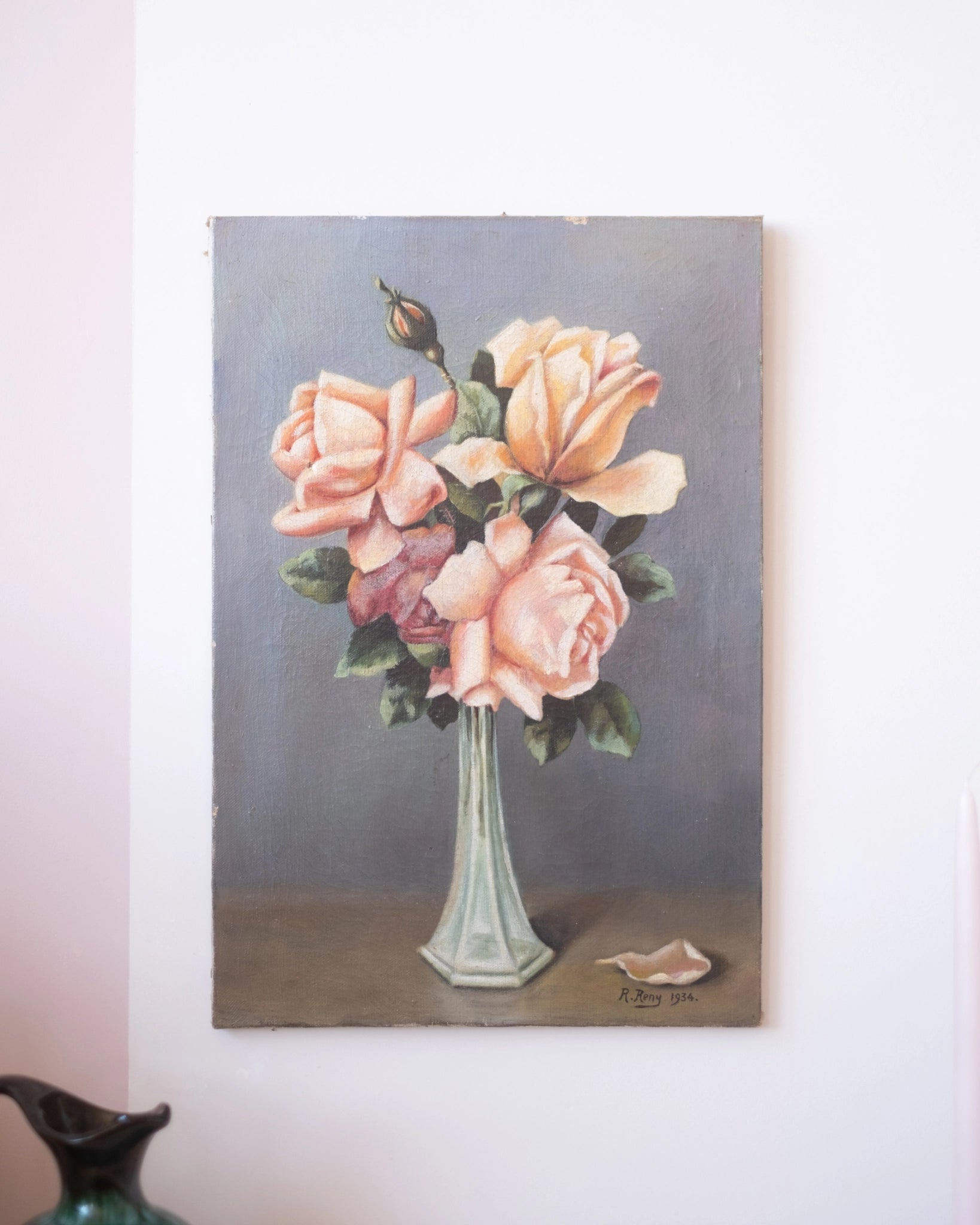 Huile sur toile Années 30 Bouquet de roses - Silly &amp; Billy